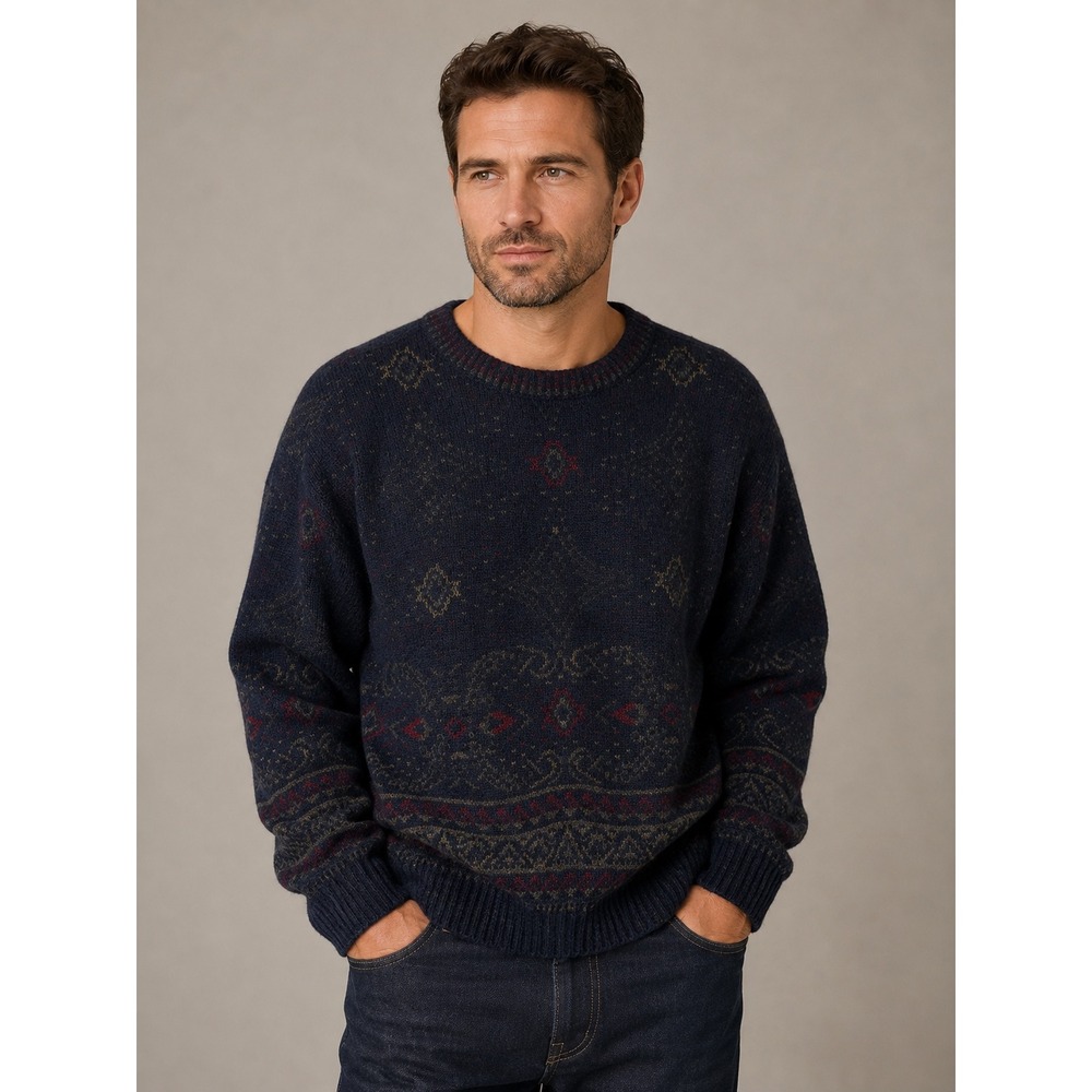 Bogner Sweater Wool Mohair Blend Geometric Nordic Pullover Blue Mens US 46 XXL